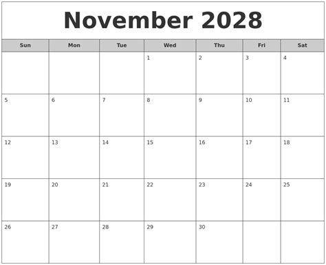 November 2028 Free Monthly Calendar