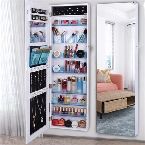 Ktaxon Mirrored Jewelry Armoire Wall Cabinet Acrylic Storage Makeup Organizer Hang Mount White