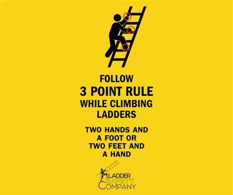 A Man Climbing Up A Ladder With The Words Follow 3 Point Rule While Climbing Ladders