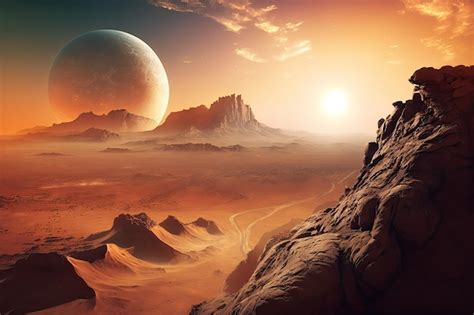 Premium Ai Image Sunset Over Mars Mars Panorama Alien Landscape