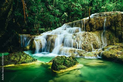 Beautiful Waterfall In The Rain Forest Jungle Of Thailand Erawan