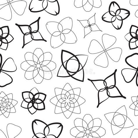 Seamless Pattern With Black Geometric Flowers On A White Background