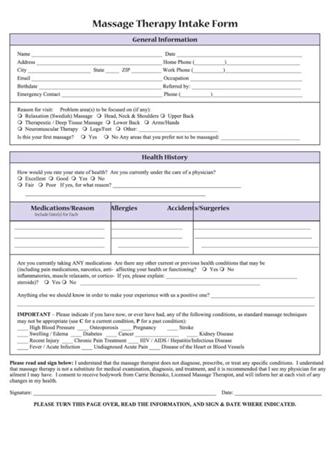 massage therapy intake form printable pdf download