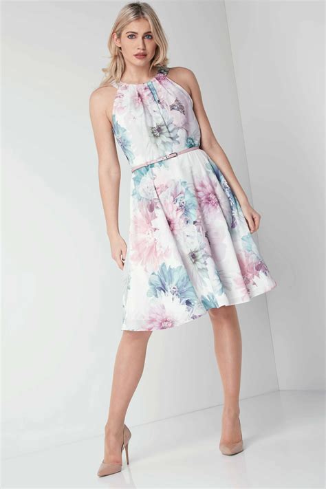 Floral Fit And Flare Dress With Belt In Pink Roman Originals Uk Fit