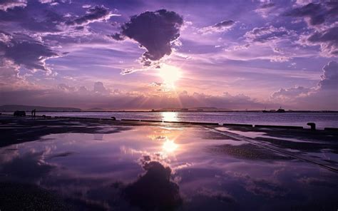 Sunset Nature Seas Skyscapes Reflections Purple Sky