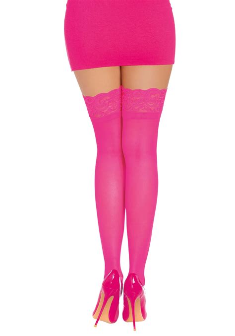 Neon Pink Anti Slip Thigh High Stockings With Lace Top For Adults