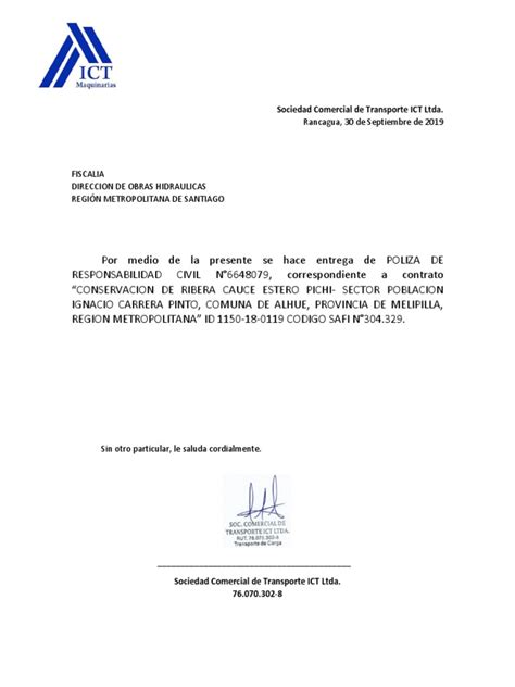 Carta Entrega Poliza Responsabilidad Civil Pdf
