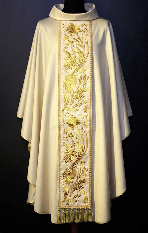 Chasuble Ring Neck Grosgrain Stolon Floral Pattern Pure Wool Ivory Red