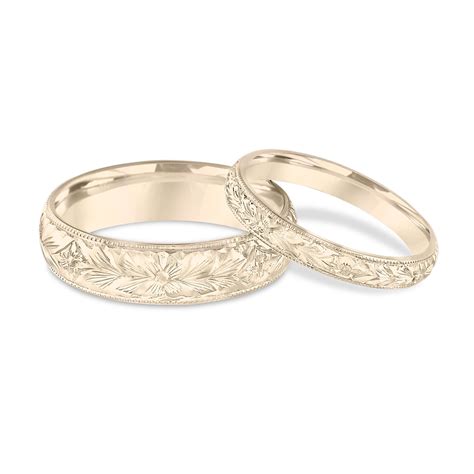 His And Hers Wedding Bands Hand Engraved Wedding Bands Yellow Gold