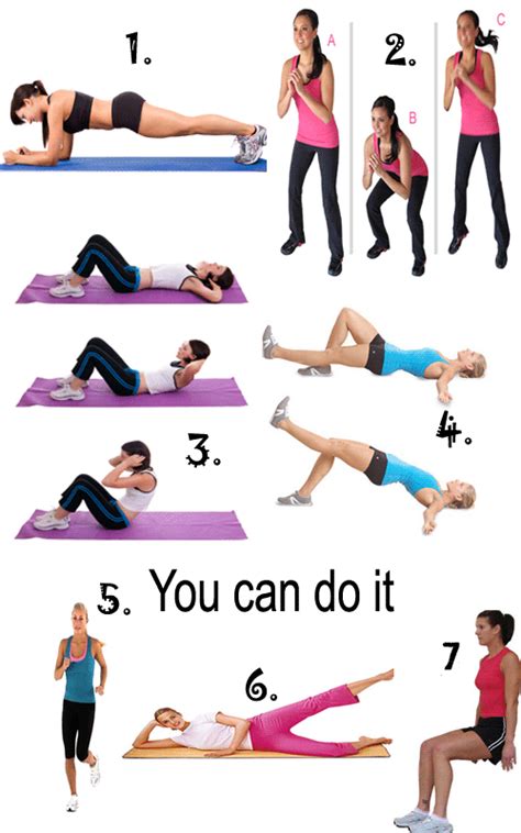 In this exercise, you lean your back against a wall, leaving about 2 feet between your feet and the wall. 1. 30 second plank 2. 30 squat jumps 3. 20 full sit ups 4 ...
