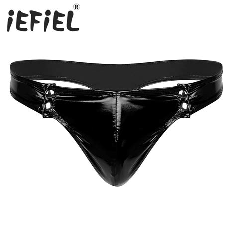 New Arrival Fashion Mens Lingerie Wetlook Faux Leather Snaps Low Rise