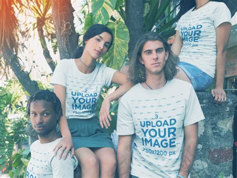placeit interracial group of friends wearing t shirts mockup near plants