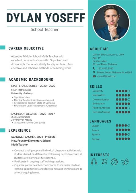 Teachers work with students of various ages and instruct them on a variety of topics. Free School Teacher Resume CV Template in Photoshop (PSD) Format - CreativeBooster