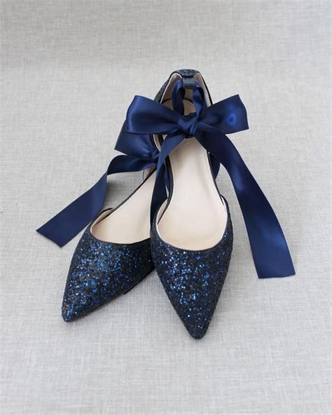 Navy Blue Rock Glitter Pointy Toe Flats With Satin ANKLE TIE Etsy