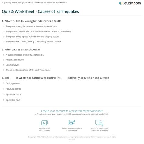 Quiz And Worksheet Causes Of Earthquakes