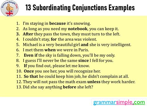 Subordinating Conjunctions Examples Grammarsimple Com