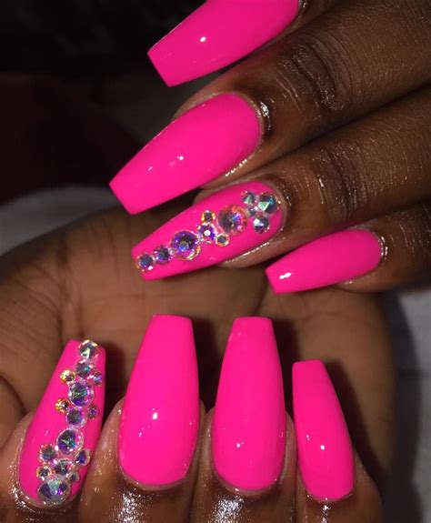 Rhinestone Hot Pink Nails With Diamonds