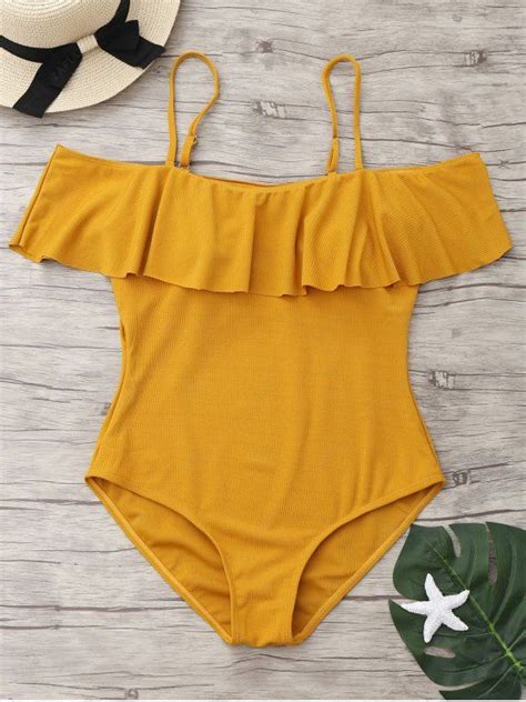 35 Off 2020 Ribbed Knit Flounce One Piece Swimsuit In Ginger Zaful