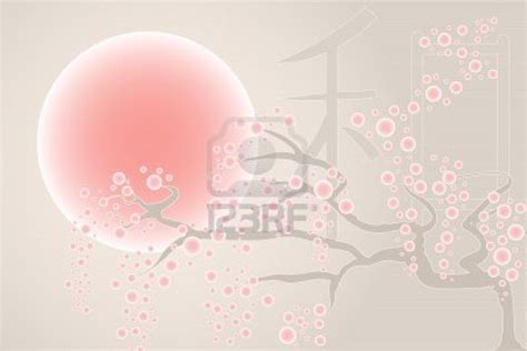 Cherry Tree Flowering With Pink Moon And Ideogram Of Peace Stock Photo