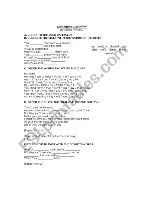 English Worksheets Something Beautiful By Robbie Williams