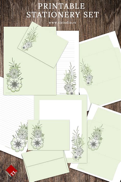 Printable Pastel Green Stationery Set Hand Drawn Floral Etsy Green