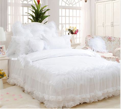 Korean White Lace Jacquard Satin Bedding Set Luxury 4pcs Princess