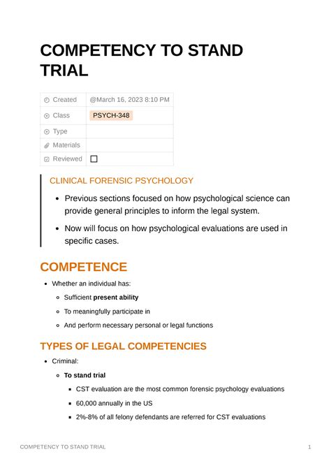 Psych Competency TO Stand Trial COMPETENCY TO STAND TRIAL Created Class PSYCH Type