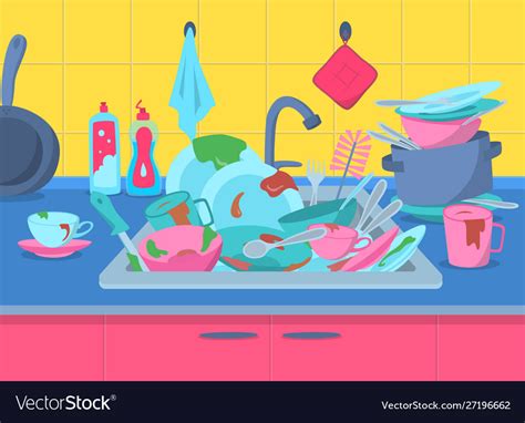 Cartoon Color Sink And Pile Dirty Dish Concept Vector Image