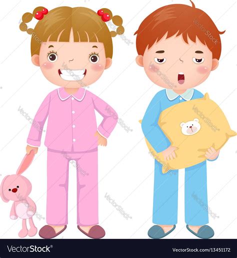 Vector Illustration Of Children Wearing Pajamas And Getting Ready To