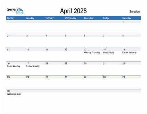 Editable April 2028 Calendar With Sweden Holidays