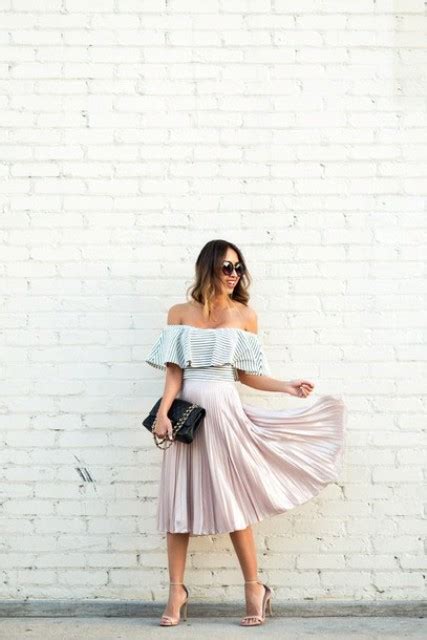 Picture Of With Pleated Midi Skirt Black Leather Bag And Ankle Strap