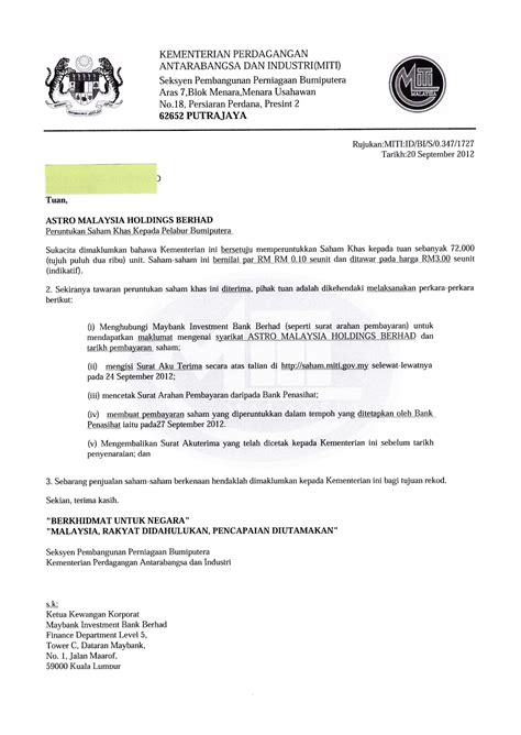 Format penulisan serta contoh surat kiriman rasmi. TIP ASAS MELABUR SAHAM DI BURSA MALAYSIA: Surat Tawaran ...