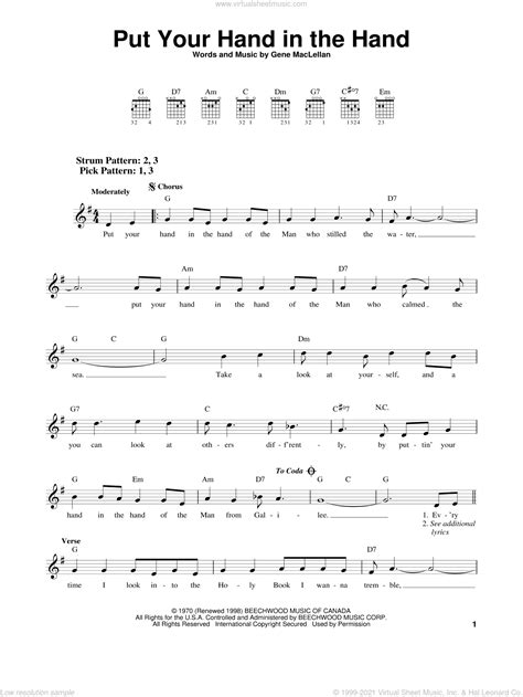 ocean put your hand in the hand sheet music for guitar solo chords