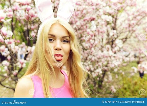 Spring Easter Holidays Celebration Happy Woman In Bunny Ears Stock Image Image Of Plants
