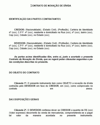 Modelo de Contrato de Novação de Dívida Contraída Venda de Mercadoria