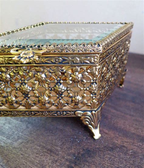 Ormolu Jewelry Box Gold Filigree Casket Jewelry Box Diamond Shape
