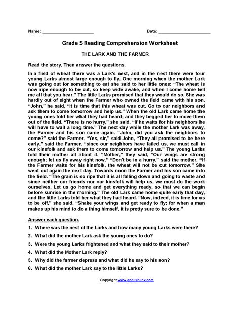 Free English Prehension Worksheets For Grade 5 Worksheets For