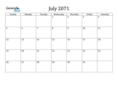 July 2071 Calendar Pdf Word Excel