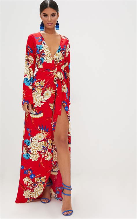 Red Floral Print Kimono Maxi Dress Dresses Prettylittlething Ksa