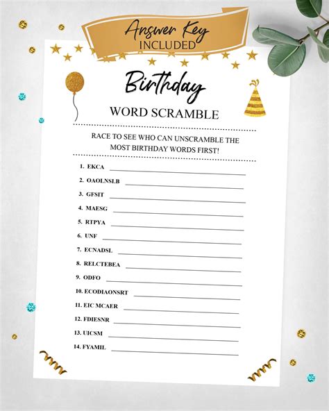 Birthday Word Scramble Boy Or Girl Birthday Party Game Teen Tween