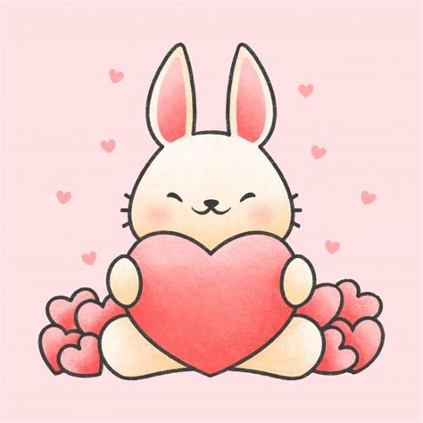 Premium Vector Cute Rabbit Hugging Heart Cartoon Hand Drawn Style