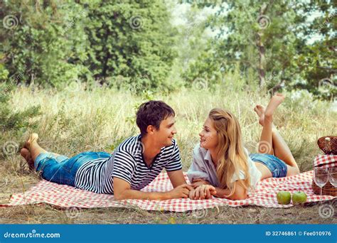 Beautiful Couple On Picnic Look At Each Other Stock Image Image Of Summer Picnic 32746861