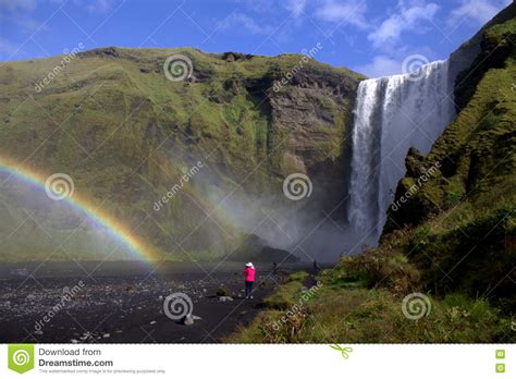 Rainbow By Skogafoss Waterfall In Southern Iceland Stock Photo Image