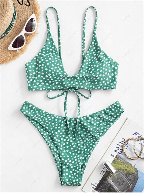 Off Zaful Tiny Floral Lace Up Bikini Swimwear In Green Zaful