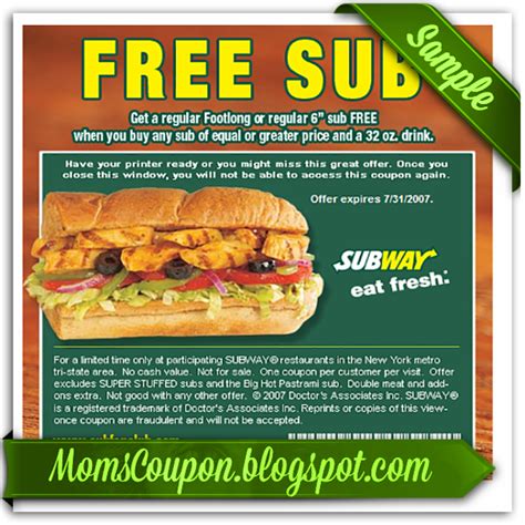 Redeemable at participating restaurants for app/online only. More ways to get coupons for Subway | Free Printable ...