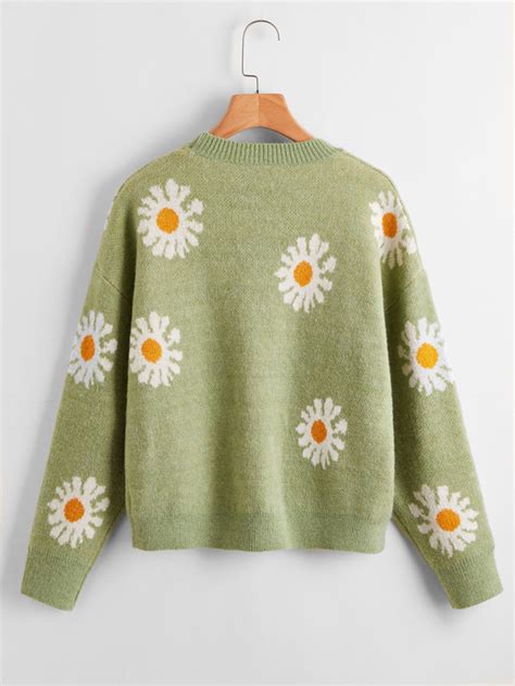 Drop Shoulder Flower Pattern Sweater Shein Usa