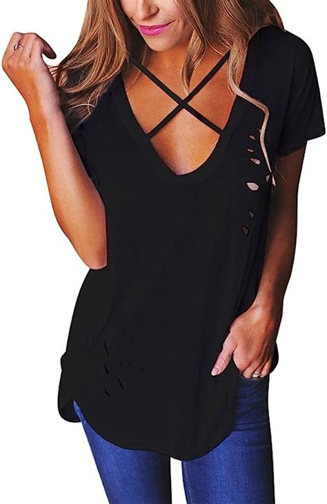 Sexy Damen T Shirt Mit Tiefem V Ausschnitt Und Löchern Übergröße Gr Xxl Schwarz Amazonde