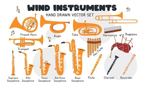 Wind Instruments Vector Set Simple Cute Trumpet Bugle Trombone Tuba