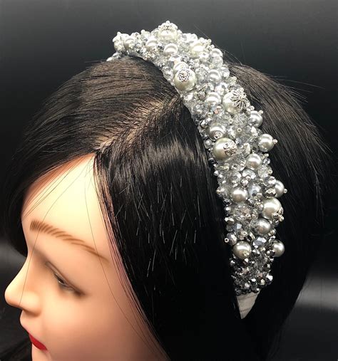 Pearl Wedding Headband Silver Grey Headband Beaded Headband Etsy