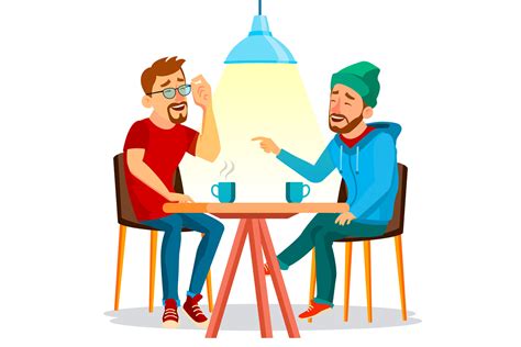 Two Man Friends Drinking Coffee Vector Best Friends In Cafe Sitting Together In Restaurant